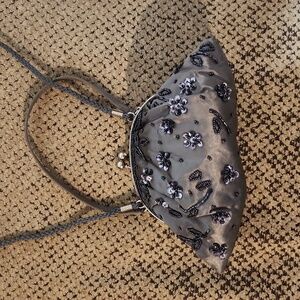 Gray Beaded Formal Purse with Hand and Crossbody Strap